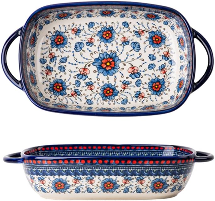 Skiennix Vintage Ceramic Bakeware Casserole Dish - 22 Oz Floral Design with Handles for Oven Cooking