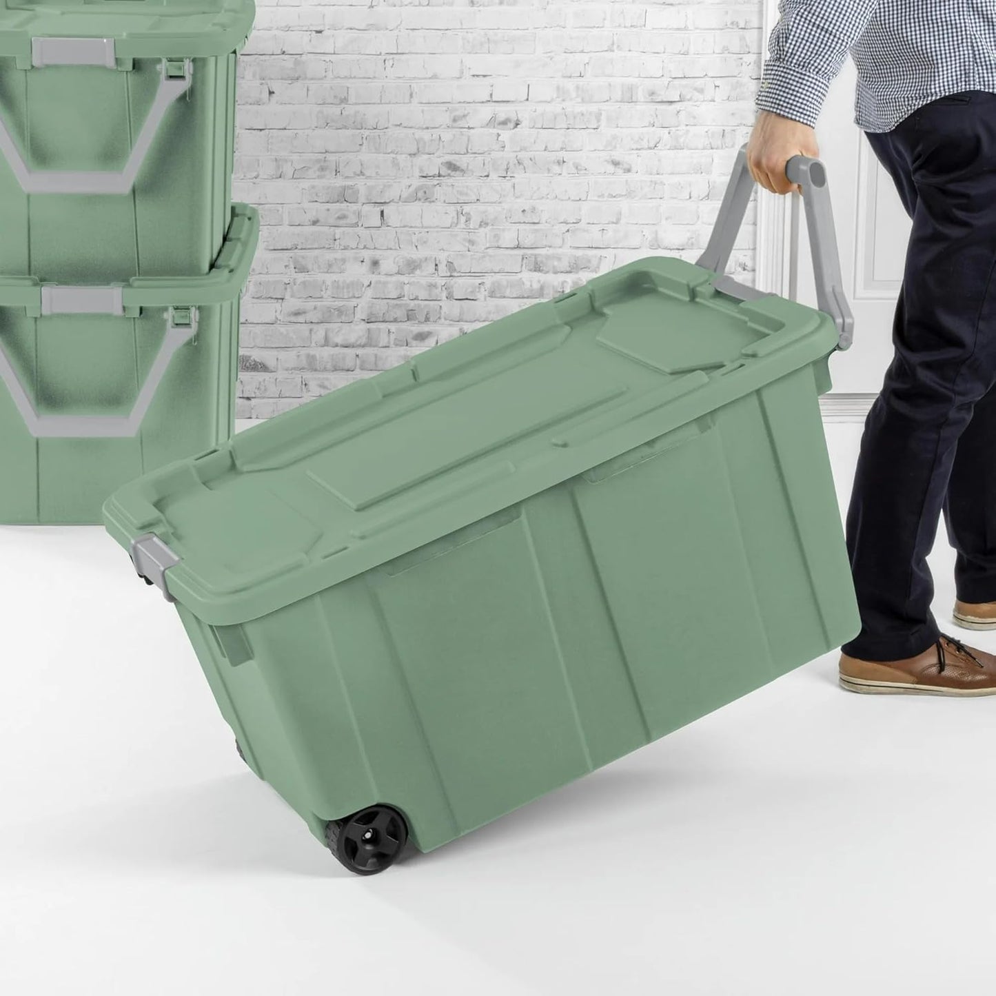 Storage Bin - 40 Gallon Wheeled Industrial Tote | Tough Stackable Plastic Container - Green Sage (2 Pack)
