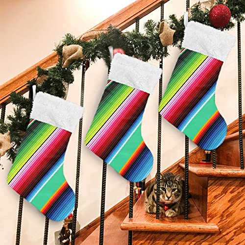 2 Pack Christmas Stockings with Mexican Serape Stripe Design - 17.7 Inch Holiday Fireplace Decor - Variation A12