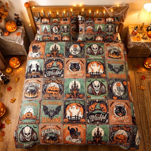 Halloween Bedding Duvet Cover Set Queen Size Bat Ghost Pumpkin - 3pcs - Tudomro