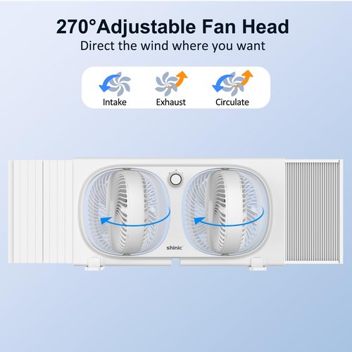 shinic 9" Twin Window Fan with 180°+90° Rotatable Fans, 2-Speeds, Vertical Window Fan with Rigid & Accordion Expanders, Width Adjustable (21.65" to 33.27"), Ideal for Home, Kitchen, Bedroom, Office
