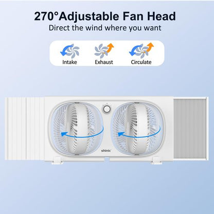 shinic 9" Twin Window Fan with 180°+90° Rotatable Fans, 2-Speeds, Vertical Window Fan with Rigid & Accordion Expanders, Width Adjustable (21.65" to 33.27"), Ideal for Home, Kitchen, Bedroom, Office