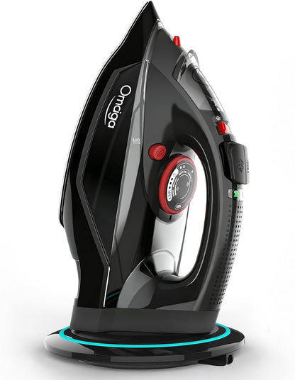 OMAIGA Cordless Steam Iron - 1500W Non-Stick Ceramic Soleplate, Auto Shut Off, 3 Temp Settings, Black