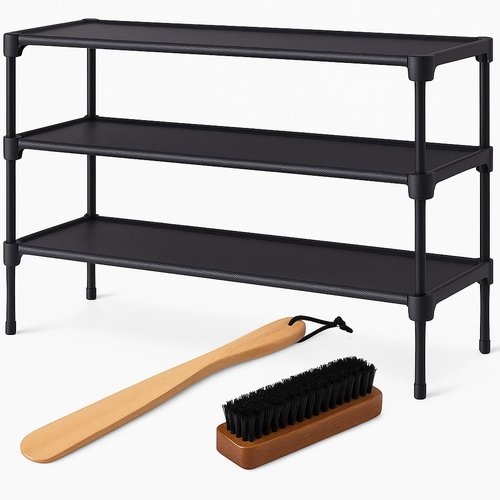 Shoe Rack - Non-Woven Shoe Rack Shelf, Shoe Organizer for Closet- Bedroom, Entryway, Garage & Corridor, Stackable Shoe Shelves, 27.5" Wide - 3 Tier, Black.