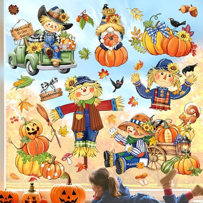 Thanksgiving Fall Pumpkin & Scarecrow Window Clings - Reusable Decor, 8 Sheets