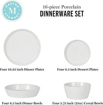 Martha Stewart Selma Dinnerware Set - Chip & Scratch Resistant, 16-Piece Service for 4 | Durable White Plates & Bowls