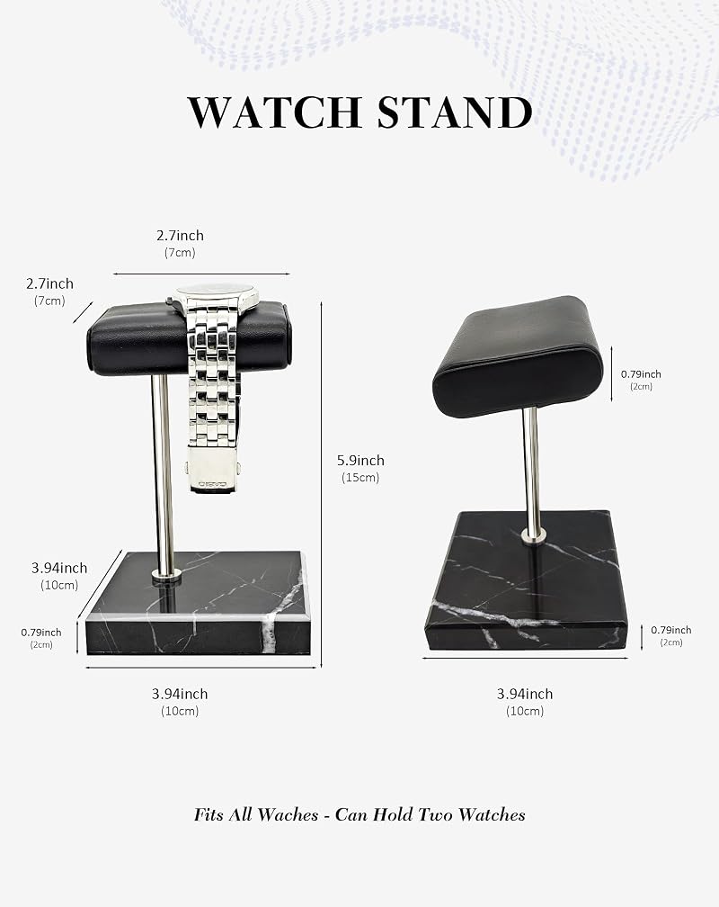 Marble Base Watch Display Stand with PU Leather Tray | Handcrafted Holder for Men’s Watches & Jewelry