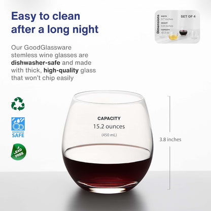 Vintorio GoodGlassware Stemless Wine Glasses (Set Of 4) 15 oz - Crystal Clear Clarity, Classic Bowl Design Perfect for Red and White Wines - Dishwasher Safe, All-Purpose Tumblers