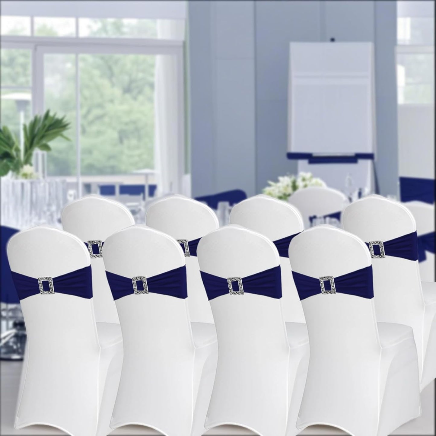 Skiennix 100 Pack Spandex Stretch Chair Sashes - Elastic Covers with Buckle Slider for Weddings & Events | Navy Blue