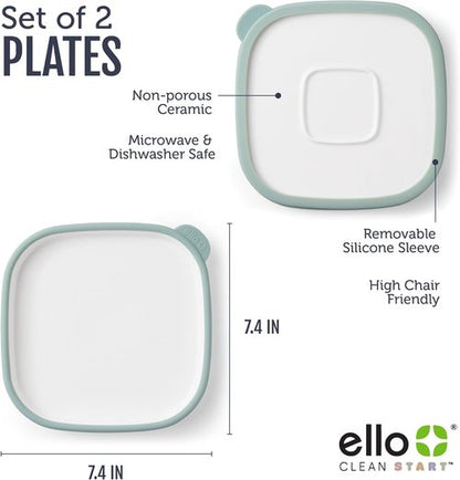 Ello Clean Start Toddler Plates - BPA-Free Ceramic with Silicone Sleeve | 2 Pack in Dewdrop & Grayed Jade