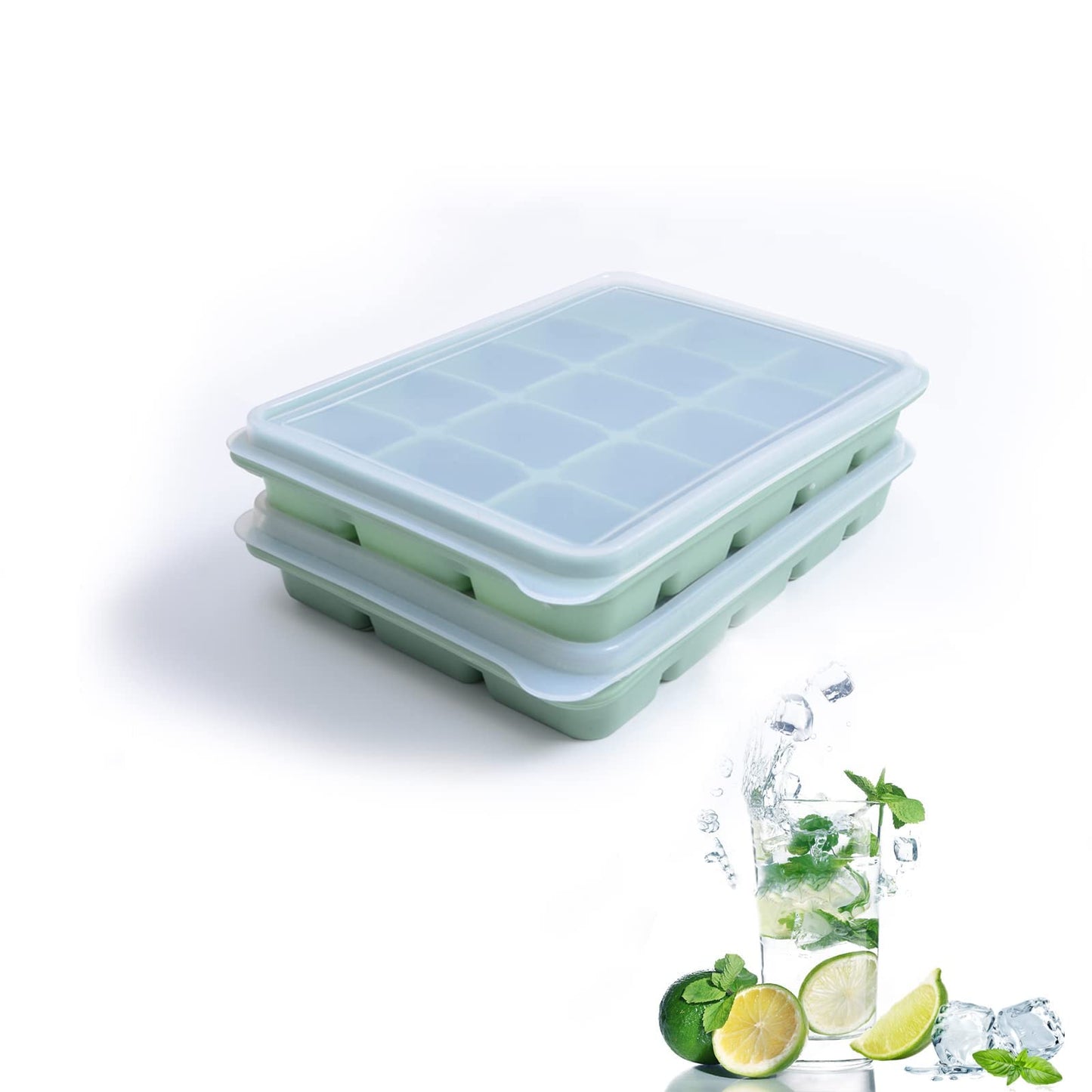 Ice Cube Trays Set of 2, Easy Release 15 Flexible Silicone Ice Cube Molds with Removable Lid Reusable Freezer Ice Trays Stackable for Whiskey, Baby Food, BPA Free (BAMBOO GREEN)