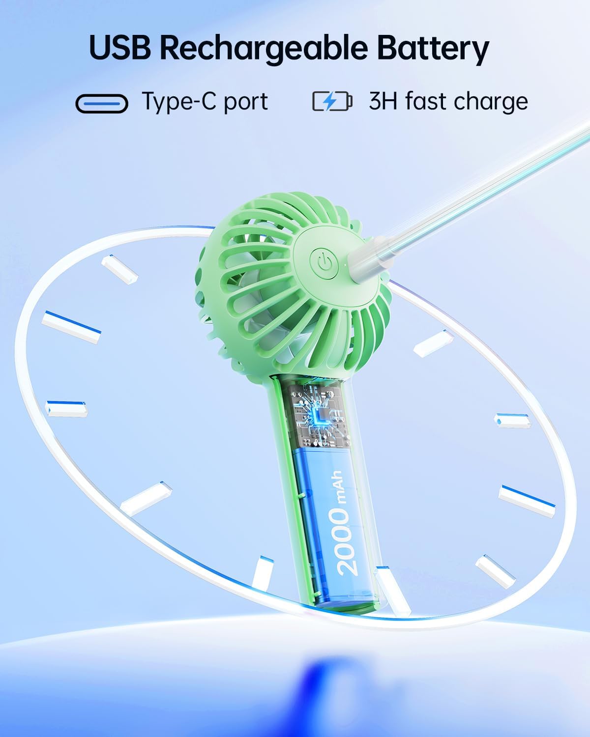 Sweetfull Mini Portable Fan - Rechargeable Handheld Fan with 3 Speeds | Cute Green Design for Travel & Makeup