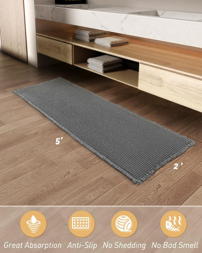 Upgraded Waffle Runner Rug, Super Absorbent Non Slip Bath Mats for Bathroom Floor, Washable Bathroom Runner Rug with Tassels, Ideal for Hallway Bedroom Laundry Room, Dark Grey, 2'x 5'(24" x 60")