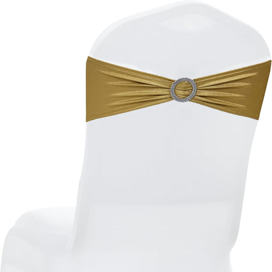 MDS Spandex Foil Chair Sashes - Universal Fit Elastic Stretch Bands with Buckle for Weddings | Metallic Gold - Pack of 150