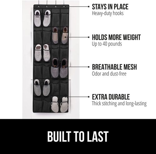GORILLA GRIP Shoe Organizer & Headboard Gap Pillow Bundle - 24 Pockets Black, King Size Gray for Head & Neck Support