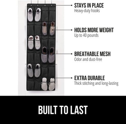 GORILLA GRIP Shoe Organizer & Headboard Gap Pillow Bundle - 24 Pockets Black, King Size Gray for Head & Neck Support