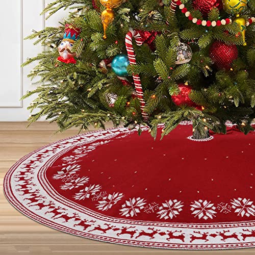 Dremisland 36 Inch Red Christmas Tree Skirt Knitted Holiday Decor with Snowflake & Reindeer