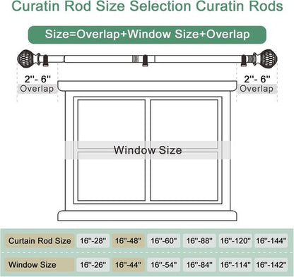 Byondeth Curtain Rods - Adjustable 16 to 48 Inches | 1 Inch Diameter with Wood Grain Leaf Finials