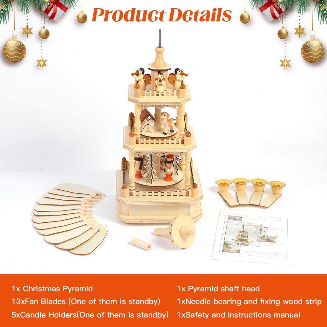 Rotating Christmas Pyramids - 18-Inch Wood Nativity Scene Carousel with 4 Candle Holders