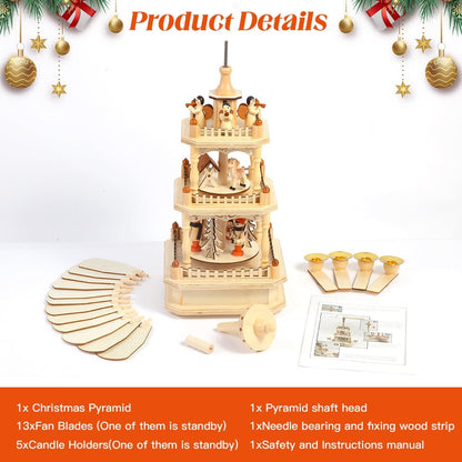Rotating Christmas Pyramids - 18-Inch Wood Nativity Scene Carousel with 4 Candle Holders