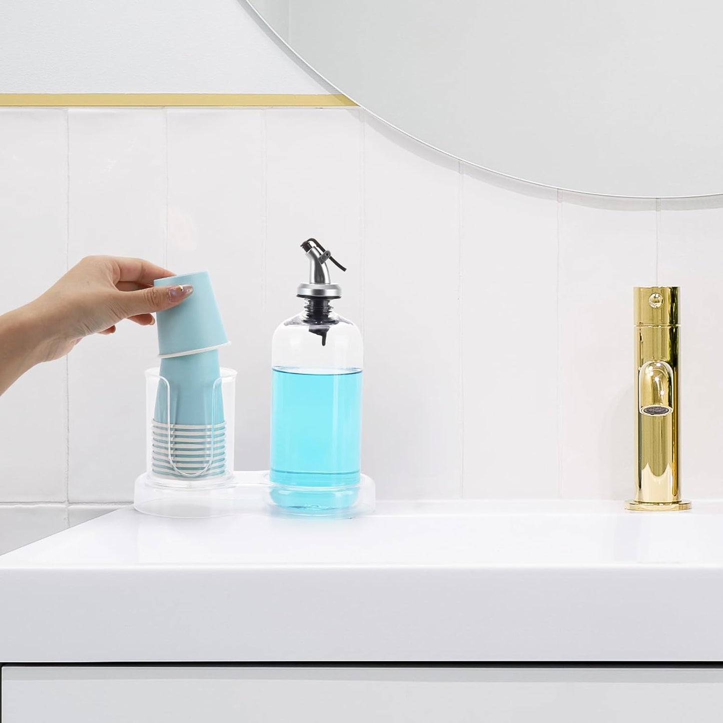 Tbestmax Mouthwash Dispenser - Clear 16oz Pump Bottle with Cup Holder & Tray for Bathroom Organization