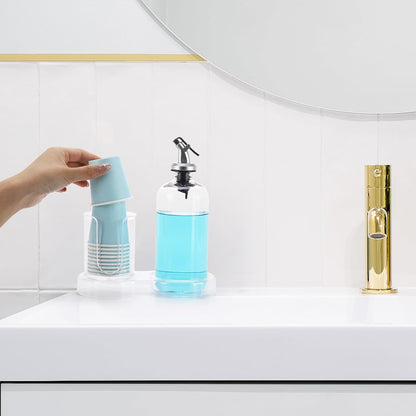 Tbestmax Mouthwash Dispenser - Clear 16oz Pump Bottle with Cup Holder & Tray for Bathroom Organization