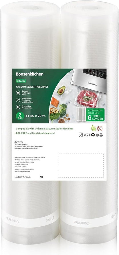 Bonsenkitchen Vacuum Sealer Bags - Heavy Duty BPA-Free Food Storage Rolls | 11" x 20' | 2-Pack for Sous Vide Cooking