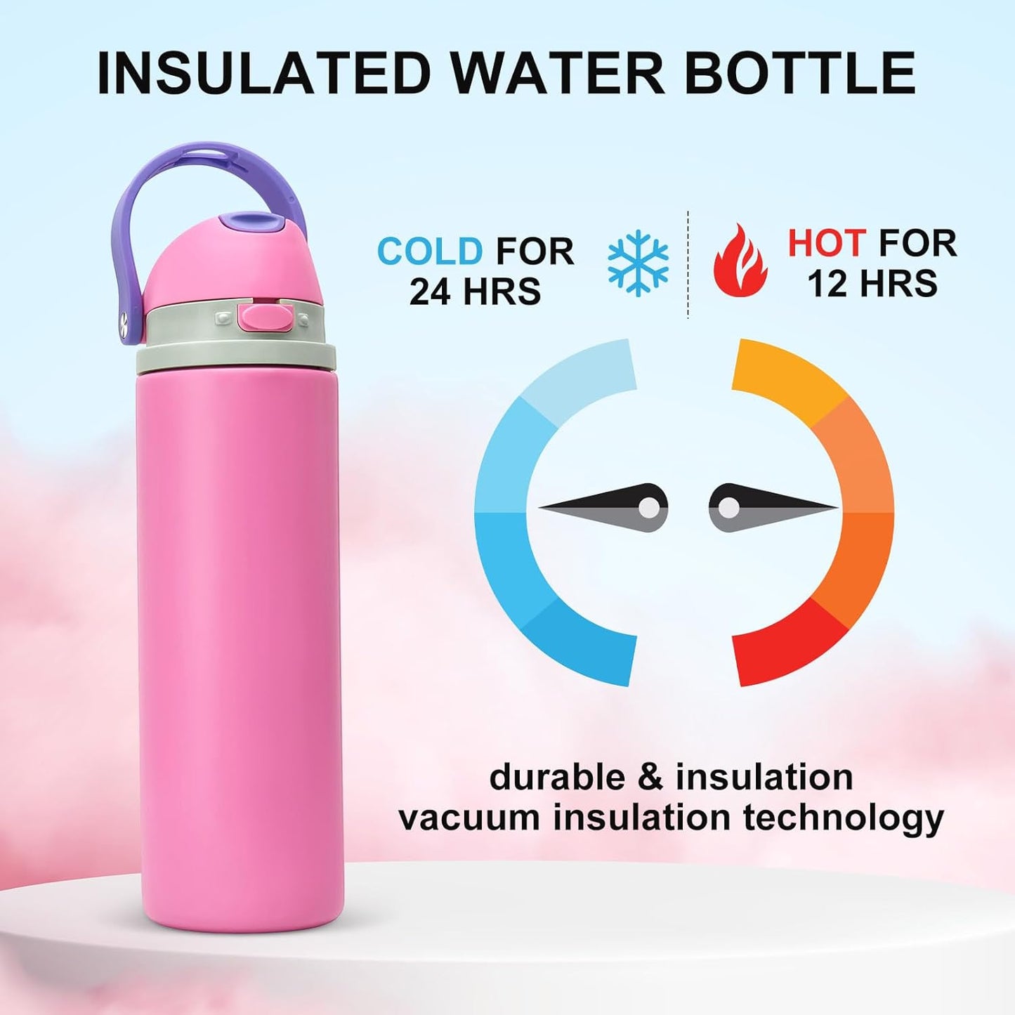Skiennix 24 oz Insulated Water Bottle - Leak-Proof Stainless Steel with One-Touch Flip Lid & Straw | Pink