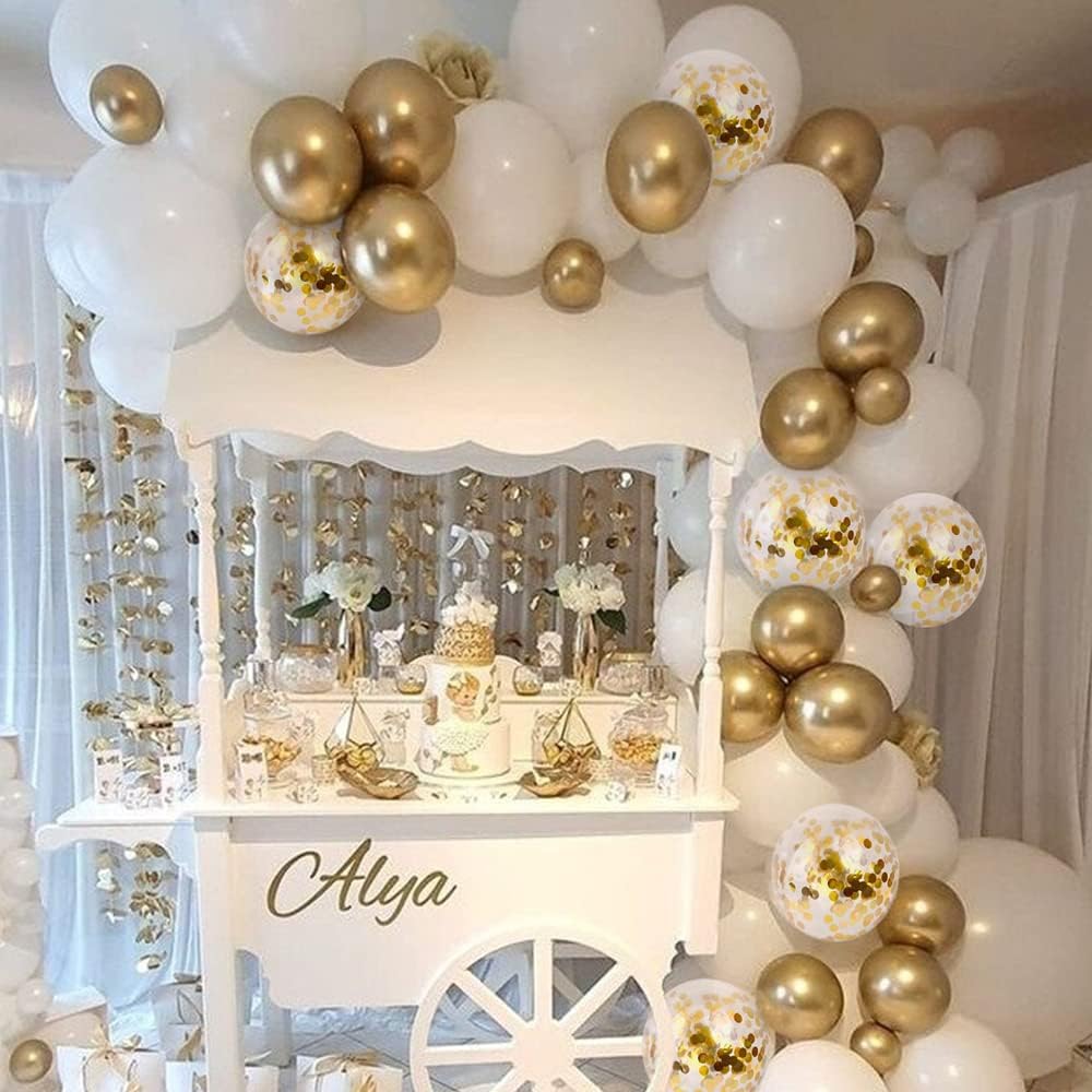 Bezente White Gold Balloon Arch Garland Kit - 100Pcs Metallic Chrome & Gold Confetti for Weddings & Parties
