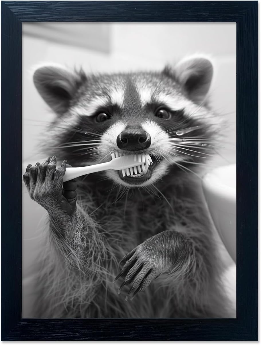 Raccoon Bathroom Art - Funny Black and White Animal Wall Decor | Framed Print for Farmhouse Style
