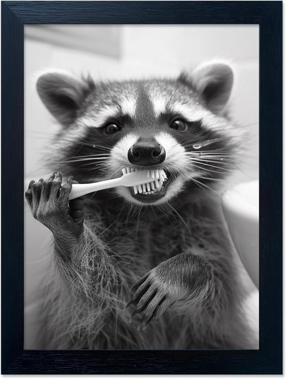Raccoon Bathroom Art - Funny Black and White Animal Wall Decor | Framed Print for Farmhouse Style
