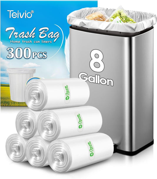 Teivio 8 Gallon Unscented Trash Bags - 300 Count Thick Bathroom & Kitchen Liners | Clear Plastic