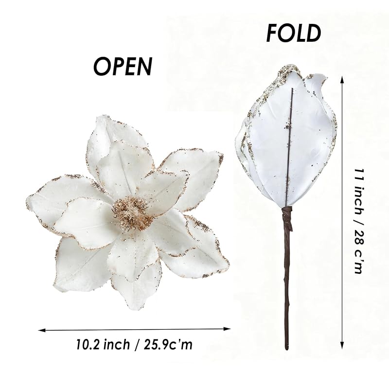 Cream White 6 Pcs 10.2’’ Large Glitter Magnolia Artificial Flowers for Christmas Tree Decorations