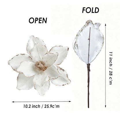 Cream White 6 Pcs 10.2’’ Large Glitter Magnolia Artificial Flowers for Christmas Tree Decorations
