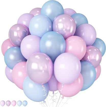 HILAVO 60Pcs 12-Inch Metallic Pastel Balloons - Iridescent Pink, Blue & Purple for Girls' Birthday Parties