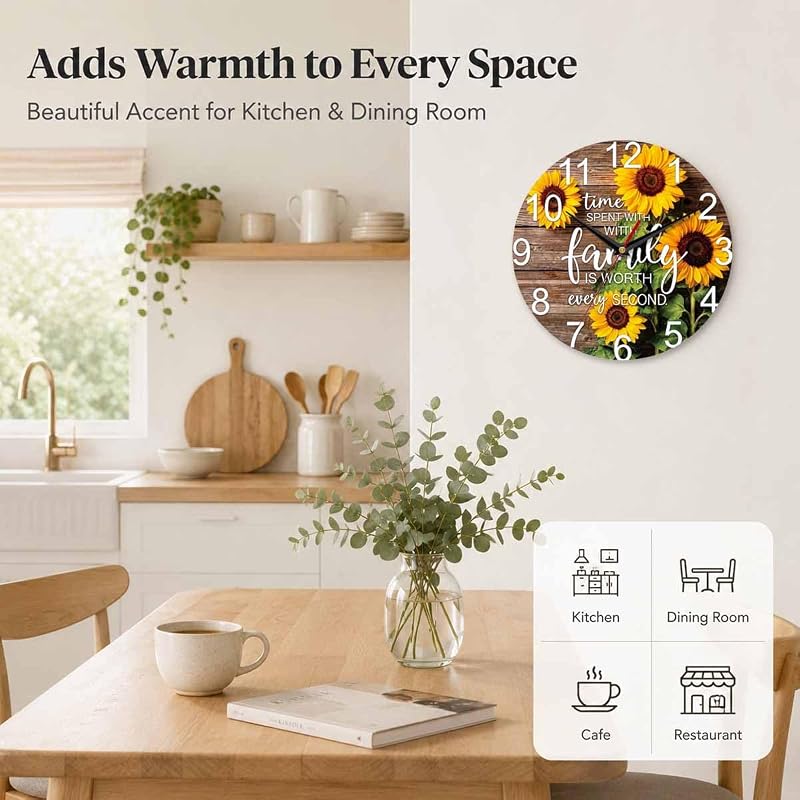 Sunflower Family Quote Wall Clock 10 Inch - Sunflower 1+10 Inch, Battery Operated