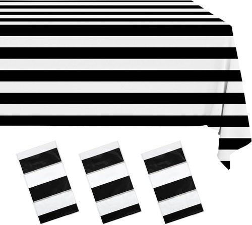 Gingham Tablecloths by [Brand Name] - 3 Pack Waterproof Plastic Covers | 54 x 108 Inch, Black & White Stripe for Parties & Picnics