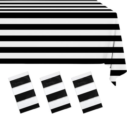 Gingham Tablecloths by [Brand Name] - 3 Pack Waterproof Plastic Covers | 54 x 108 Inch, Black & White Stripe for Parties & Picnics
