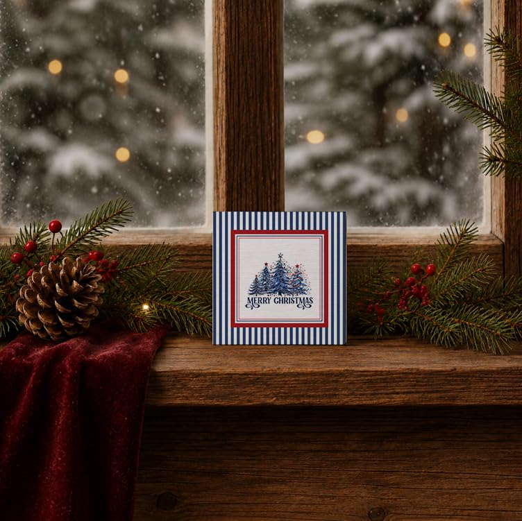 Red, Blue & White Christmas Tree Wooden Sign - 5x5 Inch Holiday Decor - Blue & Red Variation