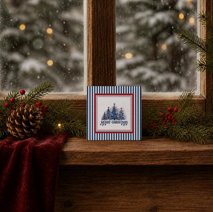 Red, Blue & White Christmas Tree Wooden Sign - 5x5 Inch Holiday Decor - Blue & Red Variation