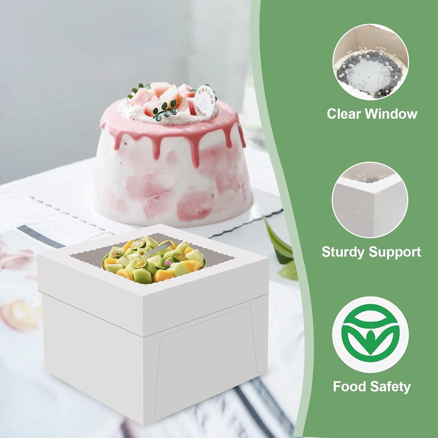 Skiennix 2 Pack Cake Boxes - 12x12x8 Inch Tall Bakery Boxes with Large Window & Cake Boards