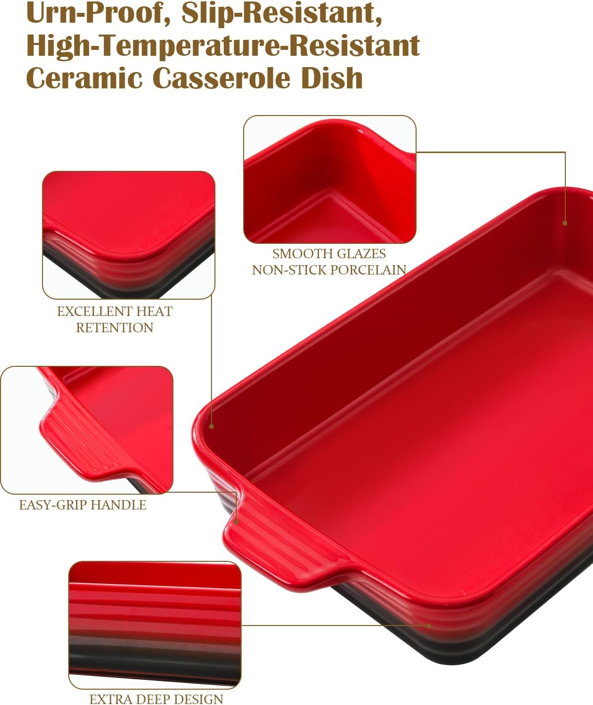 Skiennix Casserole Dishes - Heat-Resistant Ceramic Bakeware Set of 4 | Ideal for Lasagna, Cake & More (Red, 9.4"-14.7")