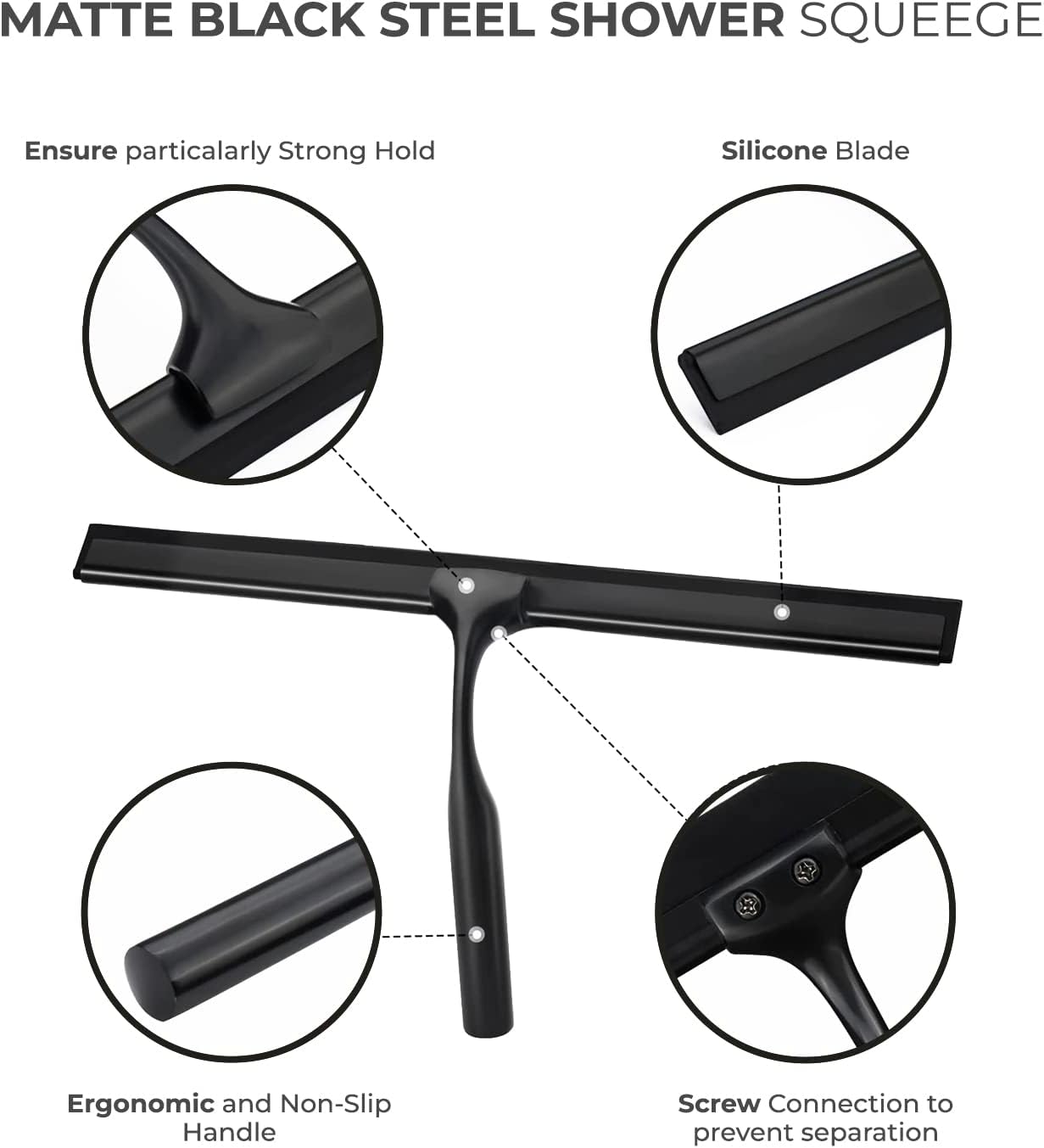 Skiennix Matte Black Shower Squeegee - 10 Inch Glass Cleaner Tool with Adhesive Hooks for Bathroom & Car