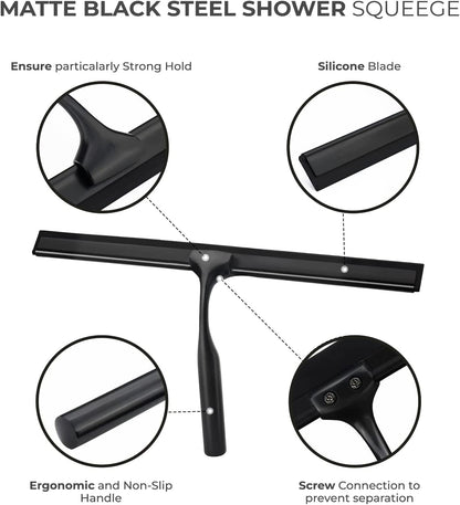 Skiennix Matte Black Shower Squeegee - 10 Inch Glass Cleaner Tool with Adhesive Hooks for Bathroom & Car