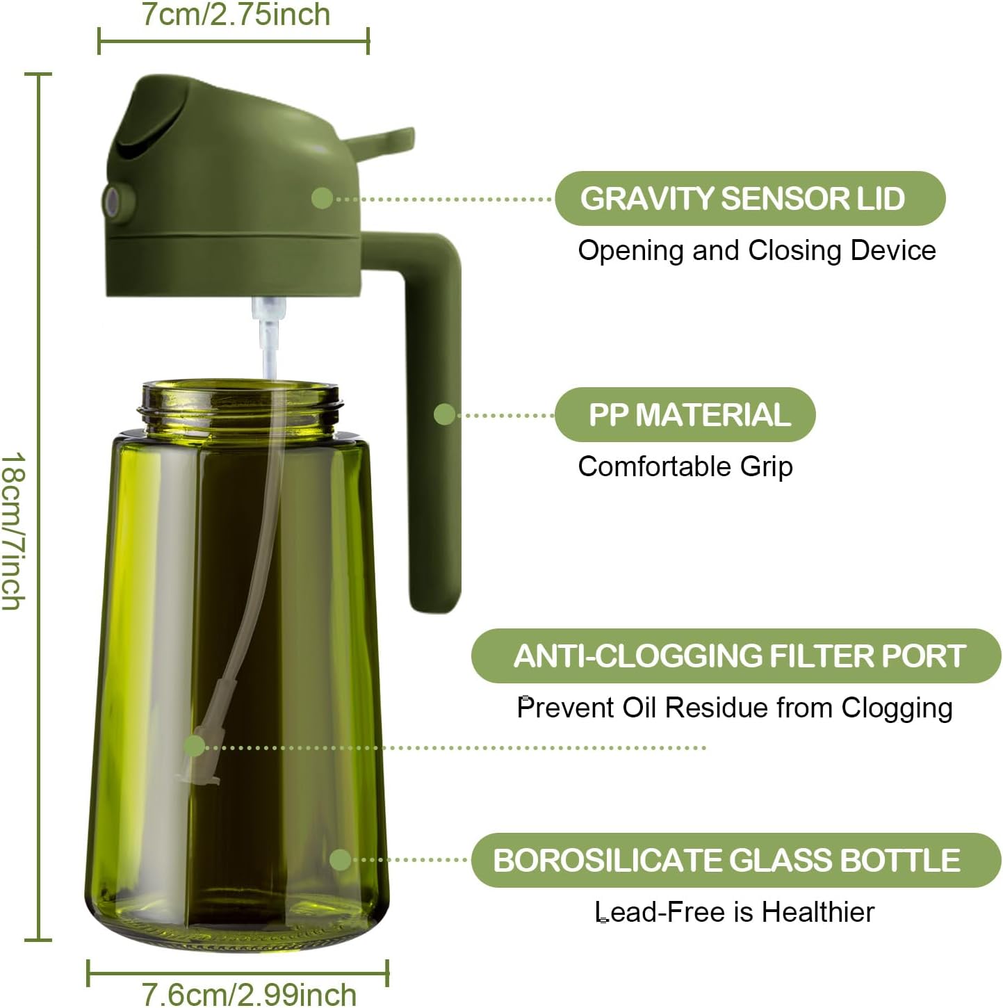 YARRAMATE 2Pcs Dark Green Oil Sprayer - Food-Grade 2-in-1 Olive Oil Dispenser | 16oz for Cooking & BBQ