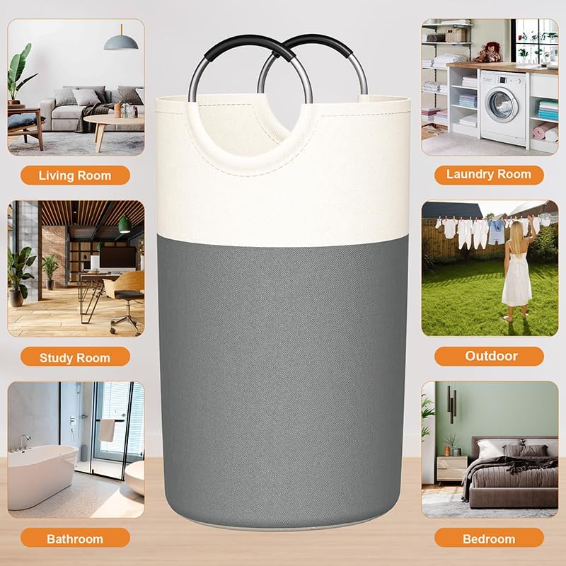 Skiennix 90L Laundry Hamper - Large Collapsible Baskets with Soft Aluminum Handles | Grey, 2 Pack