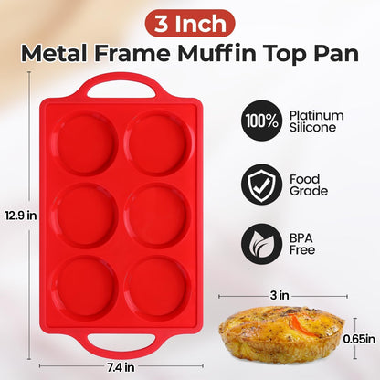 Skiennix Silicone Egg Molds - Non-Stick 3 Inch Muffin Top Pans for Breakfast Sandwiches | 2 Pack Red