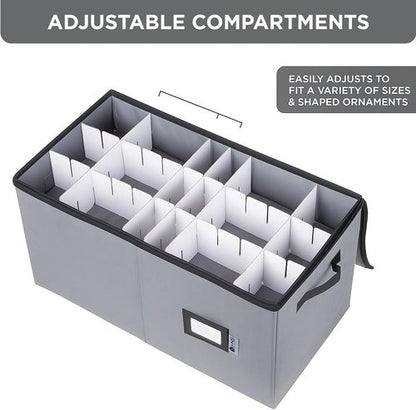 Christmas Ornament Storage Container - Large Adjustable Organizer Bin for 54 Ornaments, Zippered, Grey