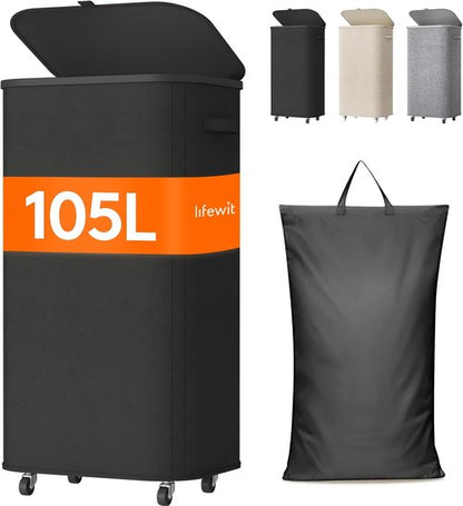 Lifewit 105L Laundry Basket - Large Rolling Hamper with Lid & Removable Bag | Black