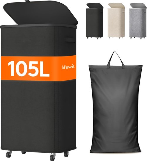 Lifewit 105L Laundry Basket - Large Rolling Hamper with Lid & Removable Bag | Black